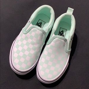 Brand new! White and teal checkered slip on vans